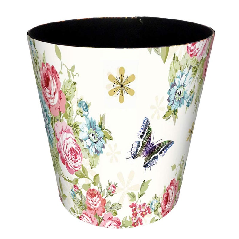 Scakbyer Wastebasket, 10L/2.64 Gallon PU Leather Decorative Trash Can Waterproof Paper Basket Garbage Bin for Home Office Bathroom - Rose and Butterfly - Image 1